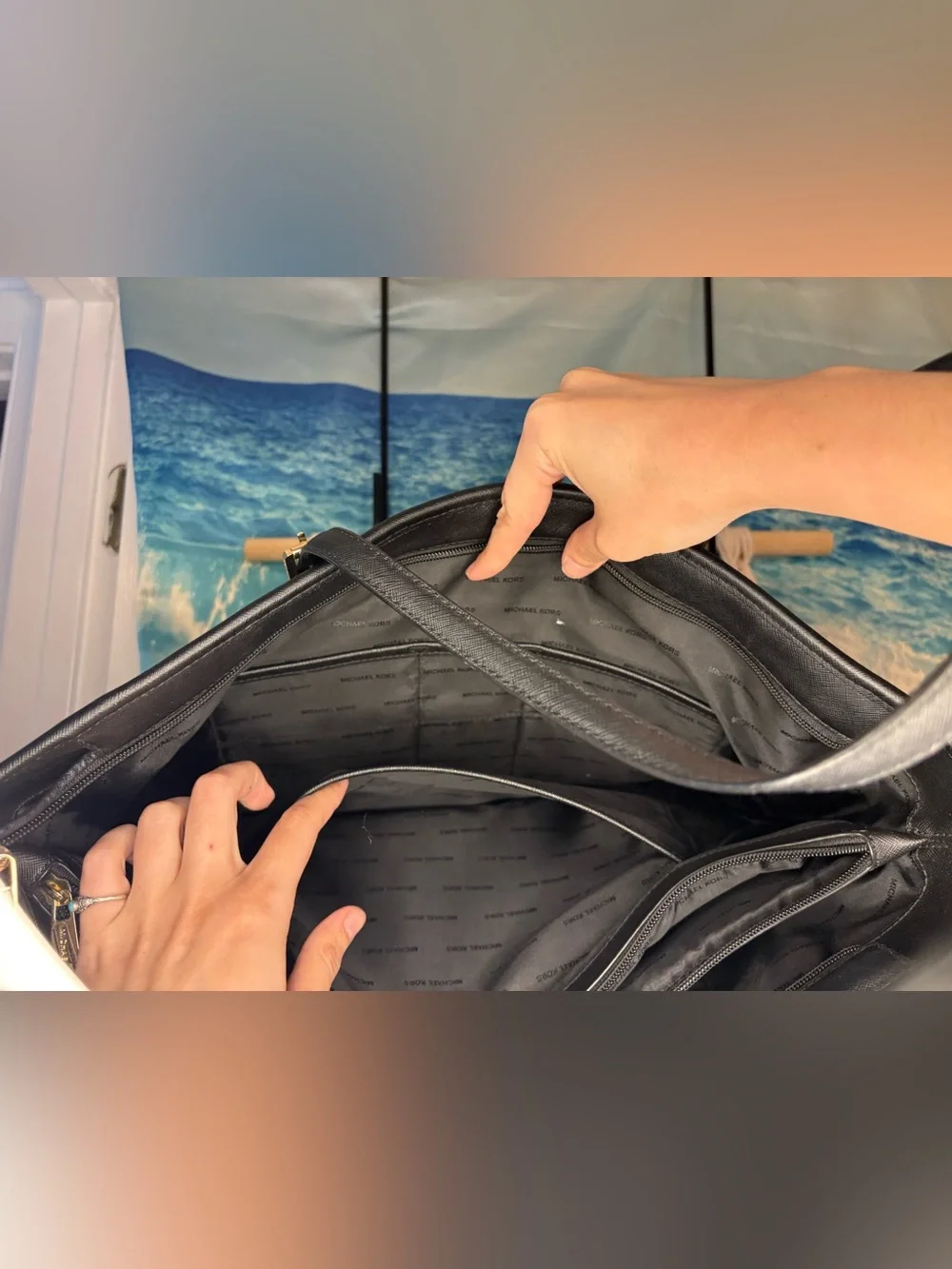 Michael Kors Black Leather Tote with Logo Charm and Gold Accents